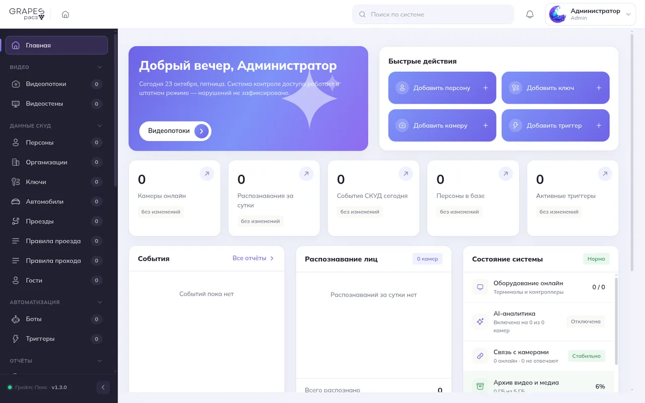 Главная страница GrapesPACS: быстрые действия, счётчики и состояние системы