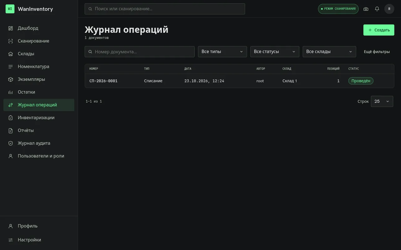 Журнал операций WanInventory с проведённым документом списания