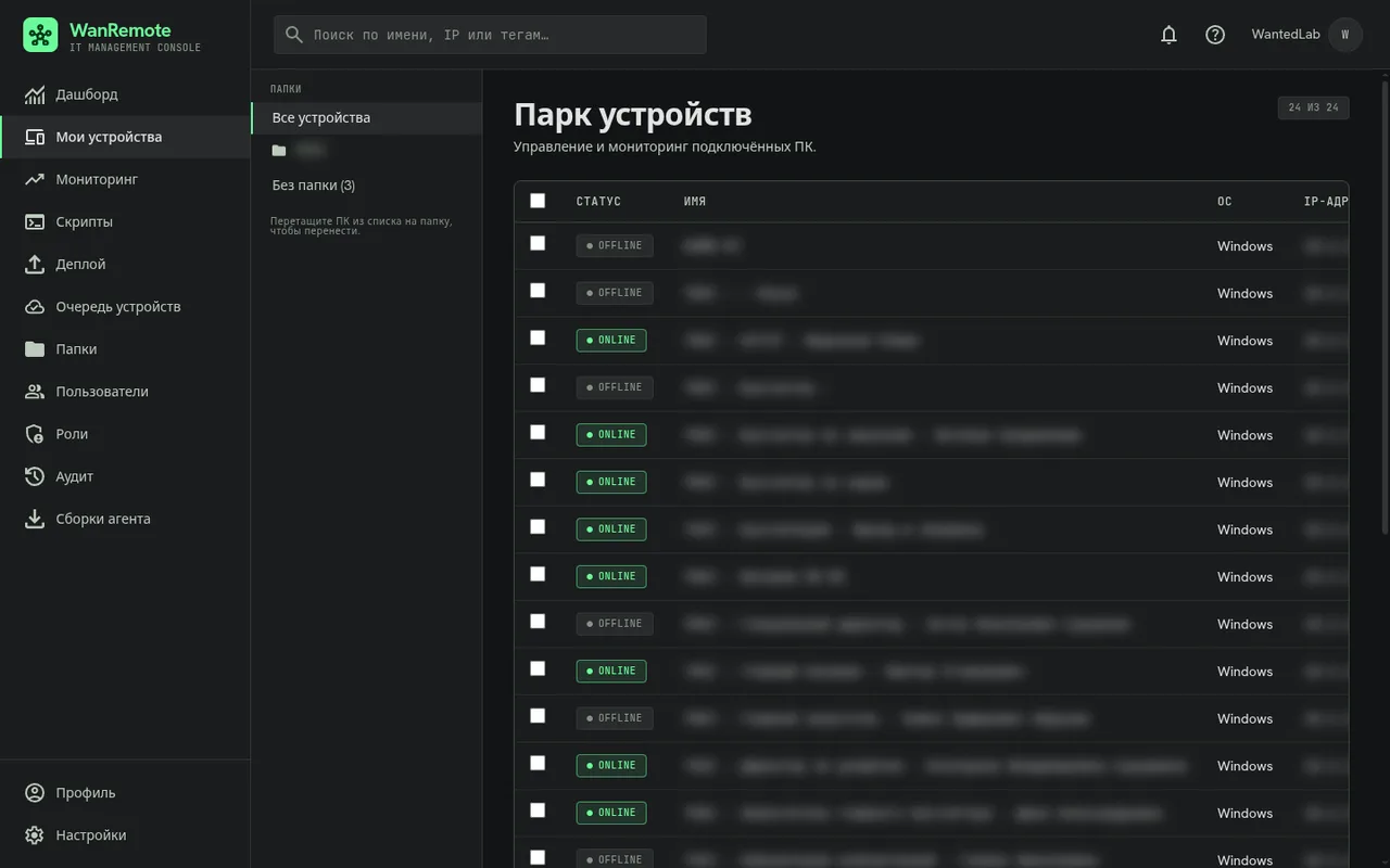 Парк устройств WanRemote, имена компьютеров размыты